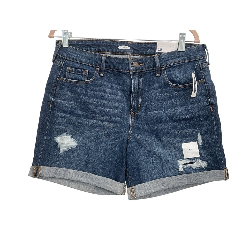 NEW Old Navy Denim Shorts Women's 10 Blue Distressed Mid-Rise 5" Inseam Cuffed